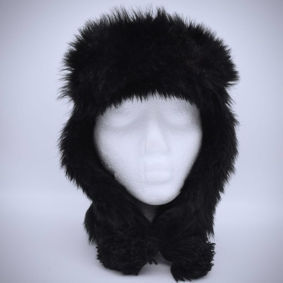H&M Fair Isle Knit Trapper Faux Fur Hat Black Ear Flaps Pom Pom Tie Winter OS - Picture 5 of 7